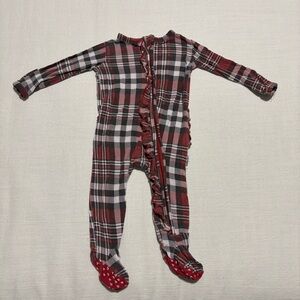 Posh Peanut Noah Plaid Ruffled Zippered Footie | Red Plaid | Size 0-3 Months